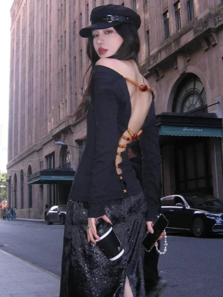 Vintage elegante Langarm Bodycon T-Shirts Streetwear y2k ästhetische kausale T-Shirts sexy schlanke Aushöhlung Perlen T-Shirts Harajuku