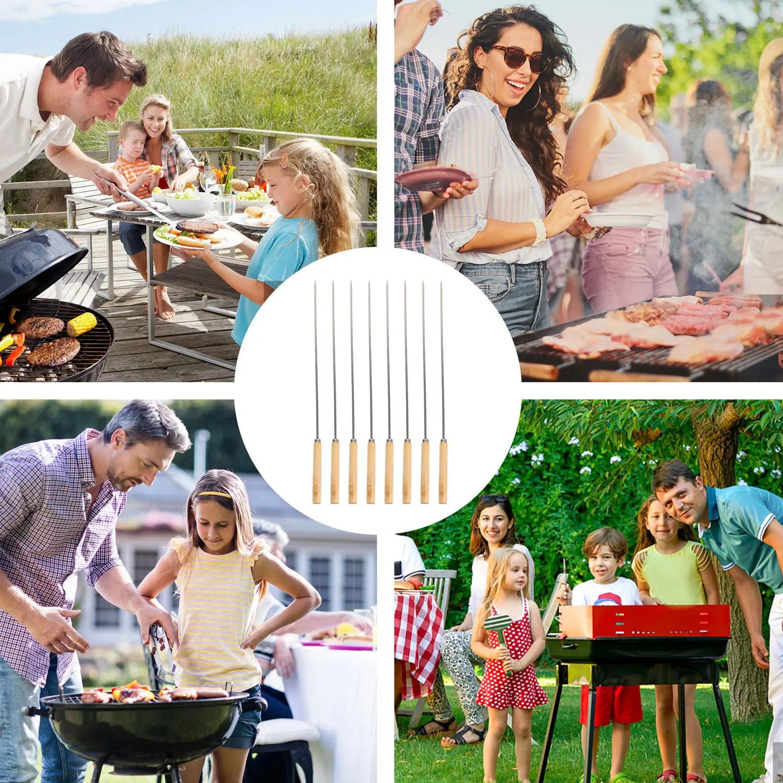10 Stück Edelstahl-Grillspieße, flache Kabob-Grillstäbe für Fleisch, Gemüse, Camping, Partys im Freien, Braten Image