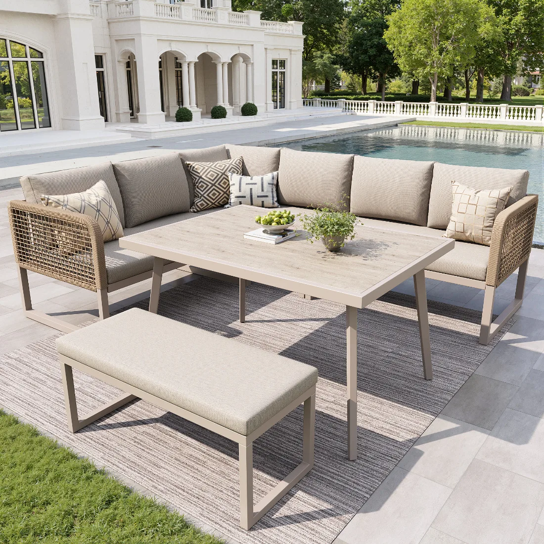 Wetterfestes PE-Rattan Garten-Sofa-Set, Handgeflochtene Outdoor-Möbel, Beige 6-8-Sitzer mit Dicken Sitz- und Rückenkissen