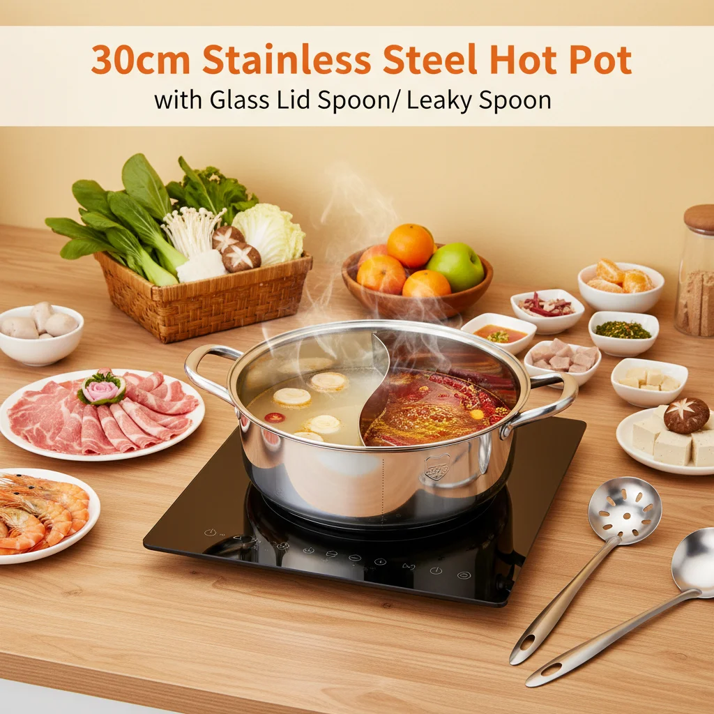 Edelstahl-Hotpot 30cm, geteilter Kochtopf mit Glasdeckel, Kochtopf mit Löffel/Sieblöffel für Familientreffen in der Küche Image