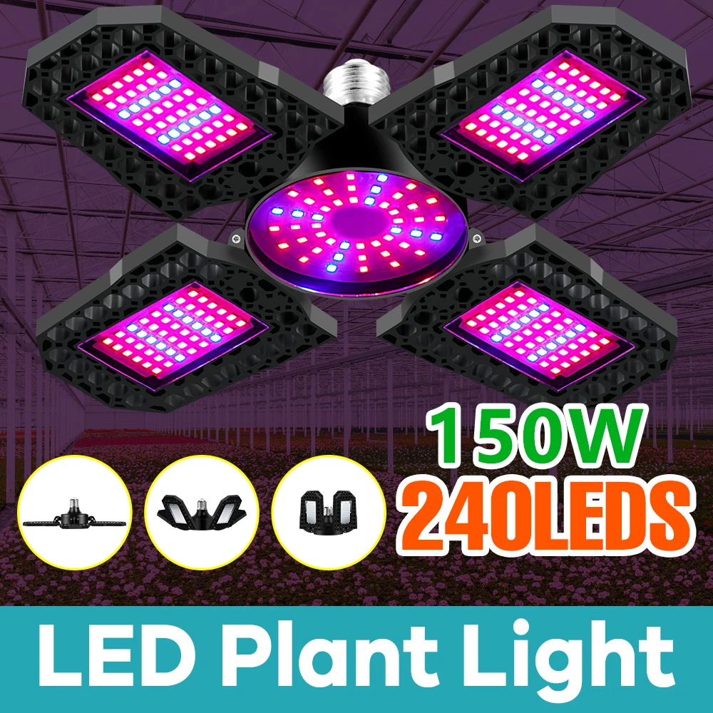 100W/150W Faltbare LED-Pflanzenlampe mit Lüfterblatt, Vollspektrum E27 Pflanzenwachstumsleuchte, Phytolampe für Zimmerpflanzen, Blumen und Setzlinge