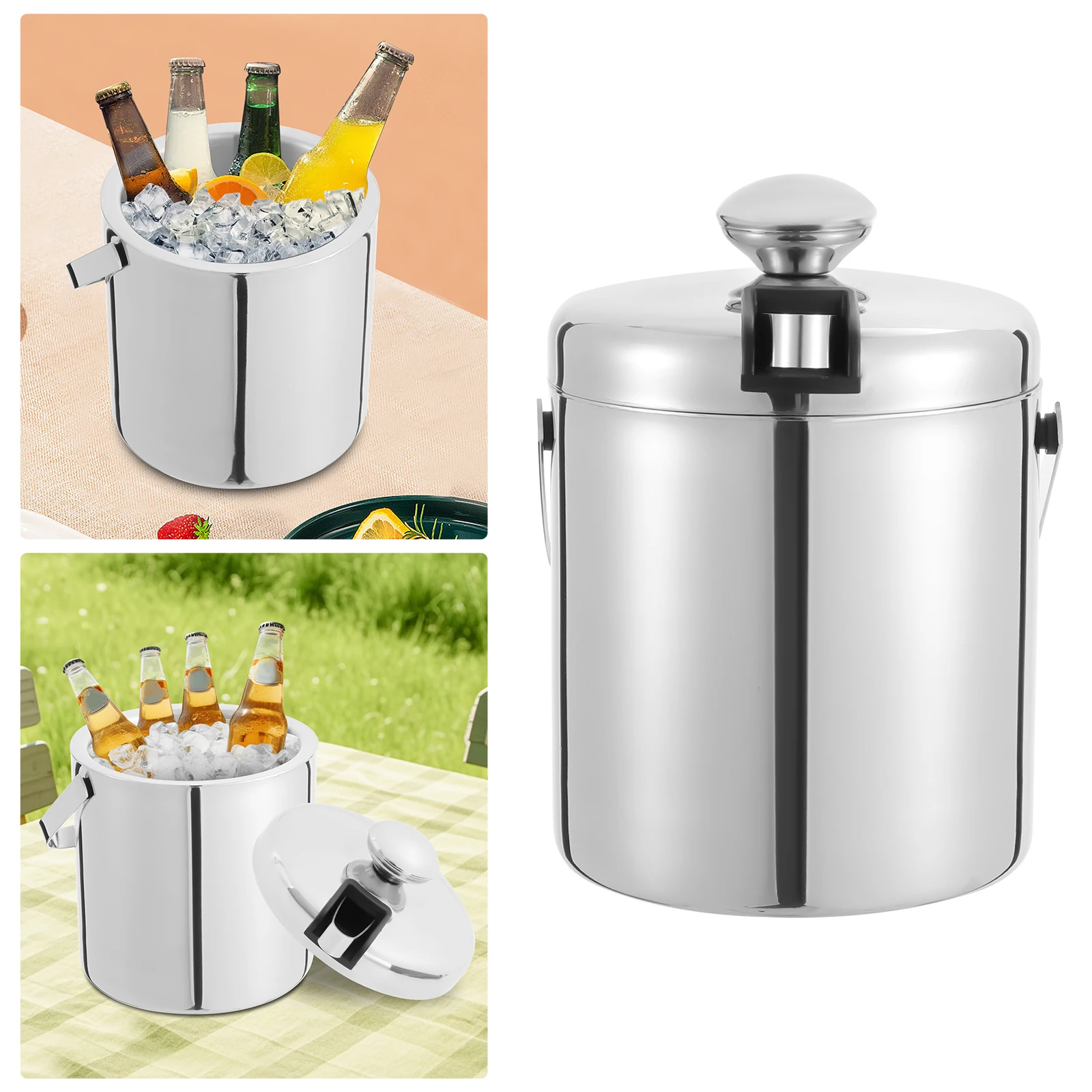 Eiskübel, 1300 ml, Eiswürfelform, Edelstahl, Weinkühl-Eisbehälter, Champagner-Kühler mit Eiszange und Deckel, Bierkühler Image