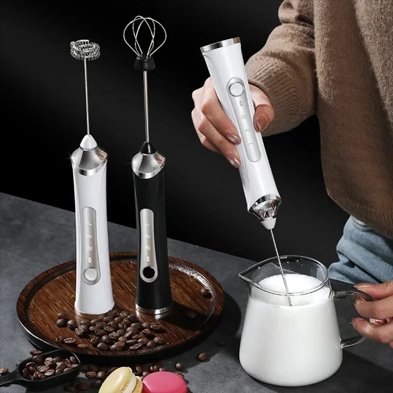 Elektrischer Milchaufschäumer, Kaffeemilchmixer, Eierschläger, Dual-Stick-Mixer mit 3 Geschwindigkeitsstufen, wiederaufladbarer Haushalts-Küchenmixer für Teig und Sahne Image