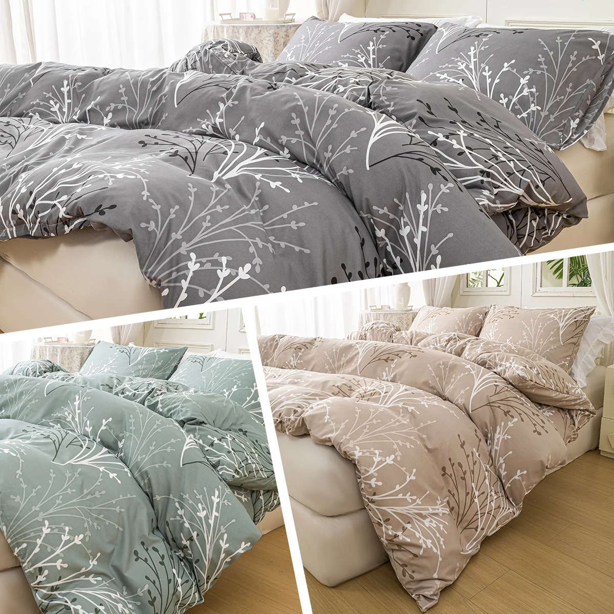 3-teiliges Bettbezug-Set mit Blatt- und Blumenmuster (1 Bettbezug & 2 Kissenbezüge), weiches und hautfreundliches Bettbezug-Set für Zuhause Image