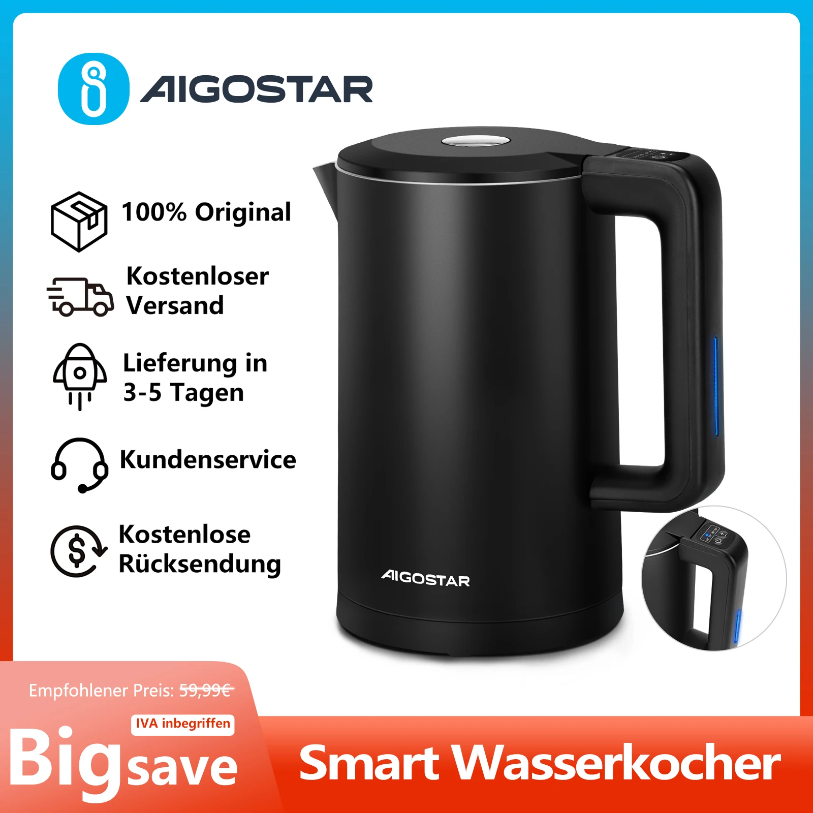 Aigostar Smart Wasserkocher mit Temperatureinstellung 40°C-100°C, WiFi Steuerung Kompatibel zu Alexa, 1,7 L Edelstahl Doppelwand Cool Touch, Leise & Kabellos, Warmhaltefunktion, Schwarz Image