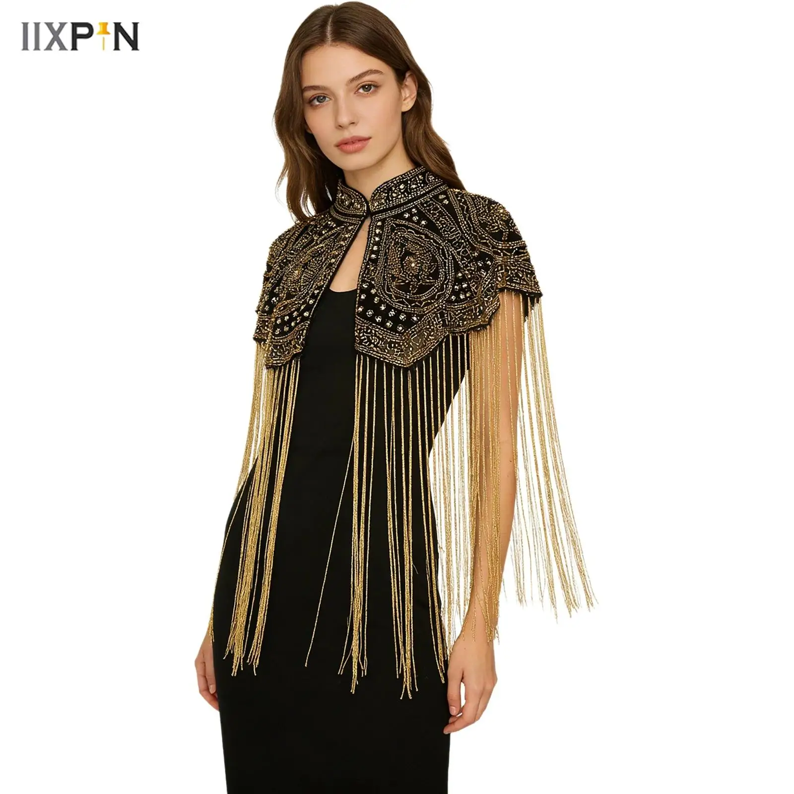 Indischer, filigran bestickter Schal für Damen – Langer Quastenschal im Cheongsam-Stil, handgefertigter, perlenbesetzter Schulterumhang für Modenschauen, im antiken Stil Image