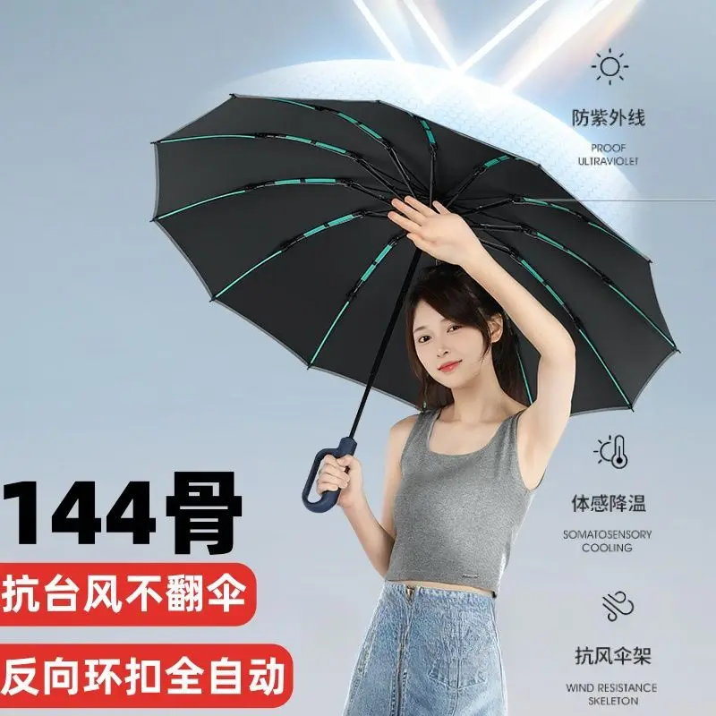 Hochwertiger 144-Rippen Automatik-Regenschirm, Reverse-Ring-Schnallen-Design Sonnenschirm, Vergrößerter Sturmfester Regenschirm für Damen und Herren Image
