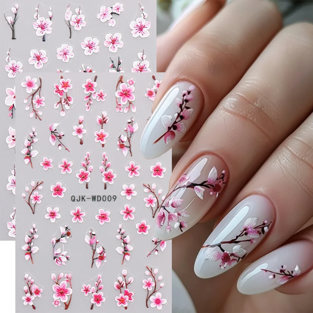 2 Stück Frühlings-Kirschblüten 3D Nagelkunst-Aufkleber Kirschblüten Pfirsichblüten Bunte Blumen-Blatt-Nagelaufkleber DIY Maniküre-Dekorationen Image
