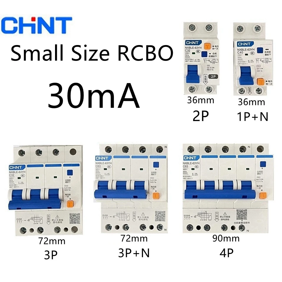 CHINT NXBLE-63YH 1P+N 2P 3P 3P+N 4P 30MA Kleiner RCBO Fehlerstromschutzschalter mit Überlastschutz 16A 25A 63A Image