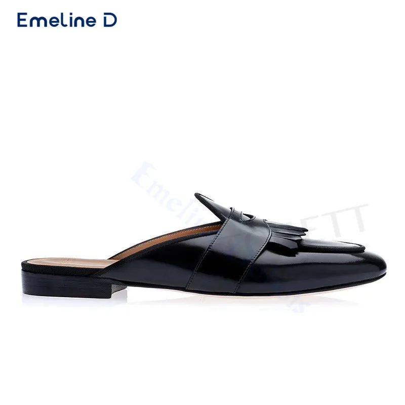 Leather Pointed Toe Slip-On Slippers with Tassel Edges and Hollow Back Fashionable Closed Toe Slippers Comfortable Men's Shoes