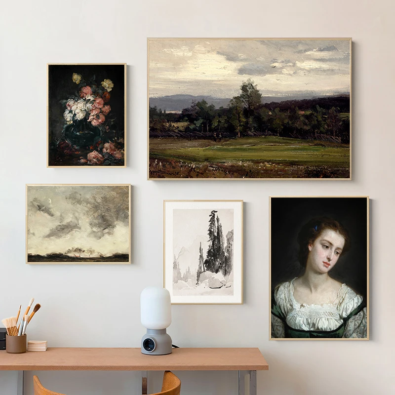 Französisches viktorianisches originelles Kunstwerk, Leinwandgemälde, Wandbilder, Vintage-Landlandschaft, Kunstdrucke, Wohnzimmer, Galerie, Dekor Image