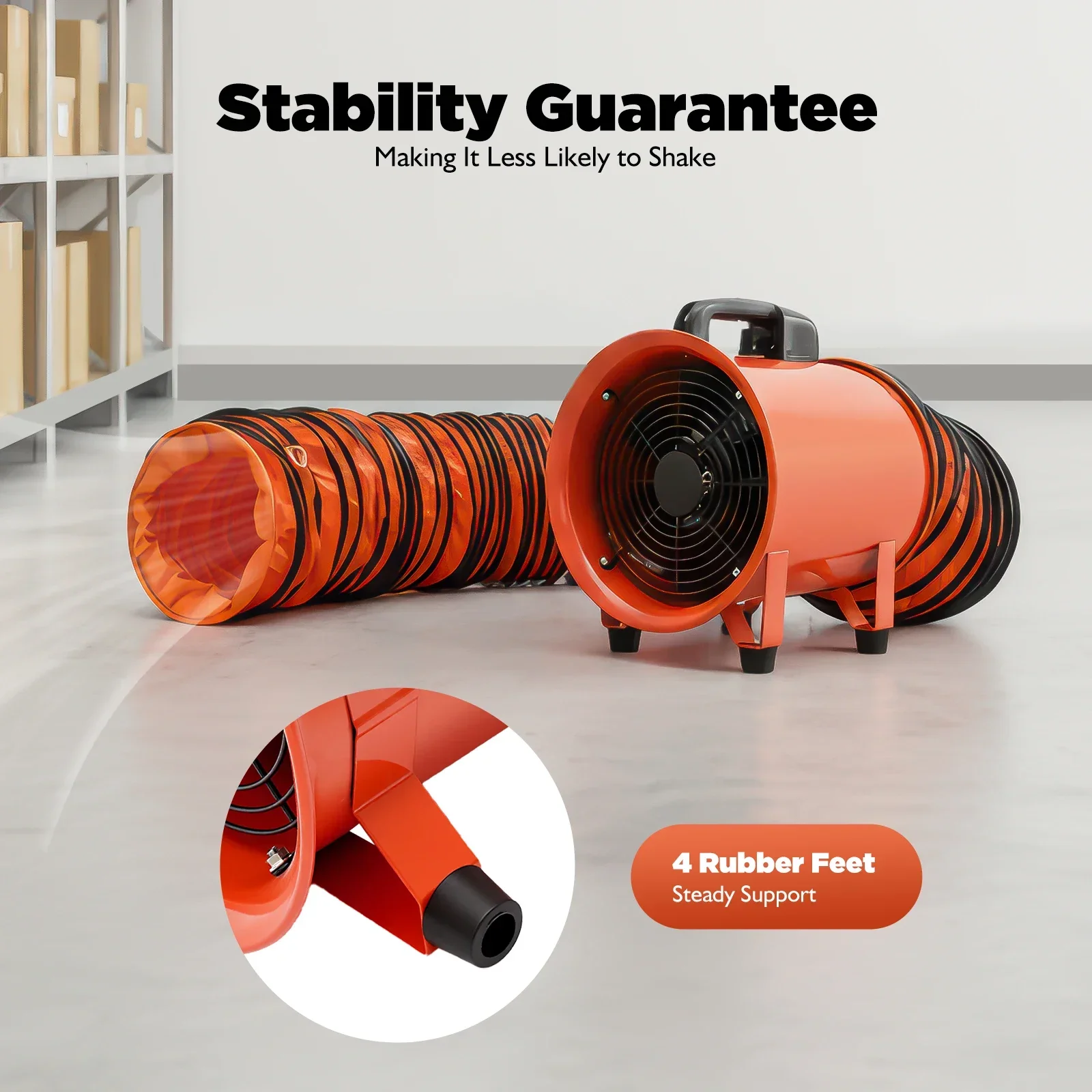 Tragbarer Axialventilator, Baustellenventilator, 320W Oranger Lüfter, 294Pa 250mm/9,84 Zoll, Gebläse mit Schlauch für Fabriken, Keller Image