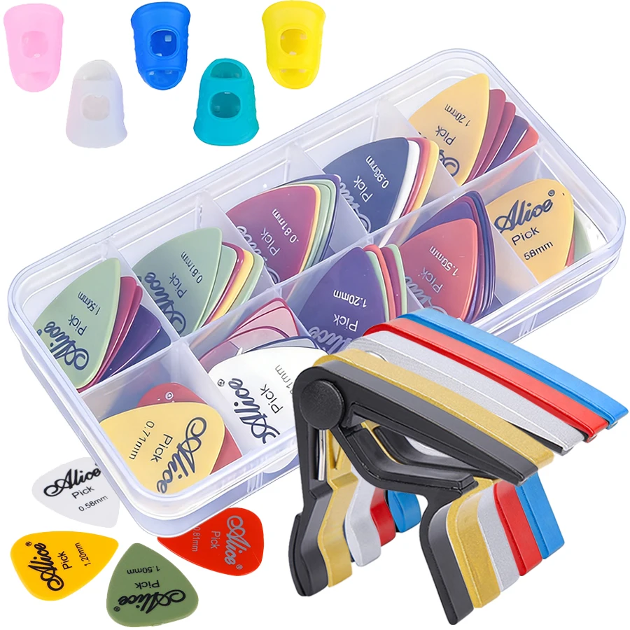 Gitarrenzubehör-Set: 30 farbige Plektren, 10 Gitterboxen und 4 Gitarren-Fingerhüllen, farbiger Capo – gängige Gitarrenzubehör-Sets Image