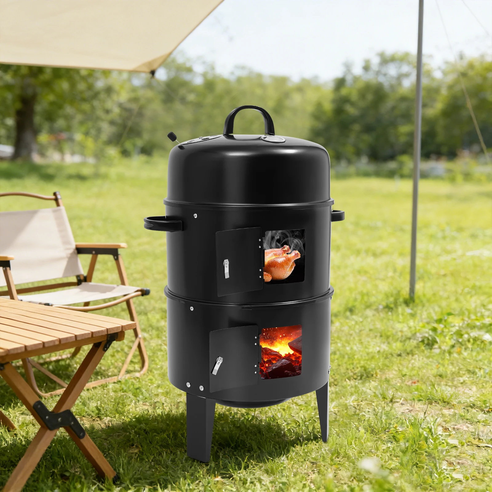 2-Schichtiger Multifunktionaler Räuchergrill 3-in-1 Outdoor BBQ Smoker Leicht zu Transportieren Verchromter Grill für Familienfeiern Image