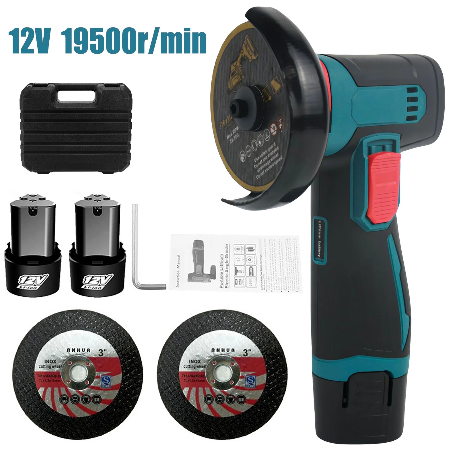 12V 19500 U/min Akku-Winkelschleifer Elektrischer Schleif- und Schneidewerkzeug zum Schneiden und Polieren von Keramikfliesen, Holz, Stein, Stahl mit 2 Akkus Image