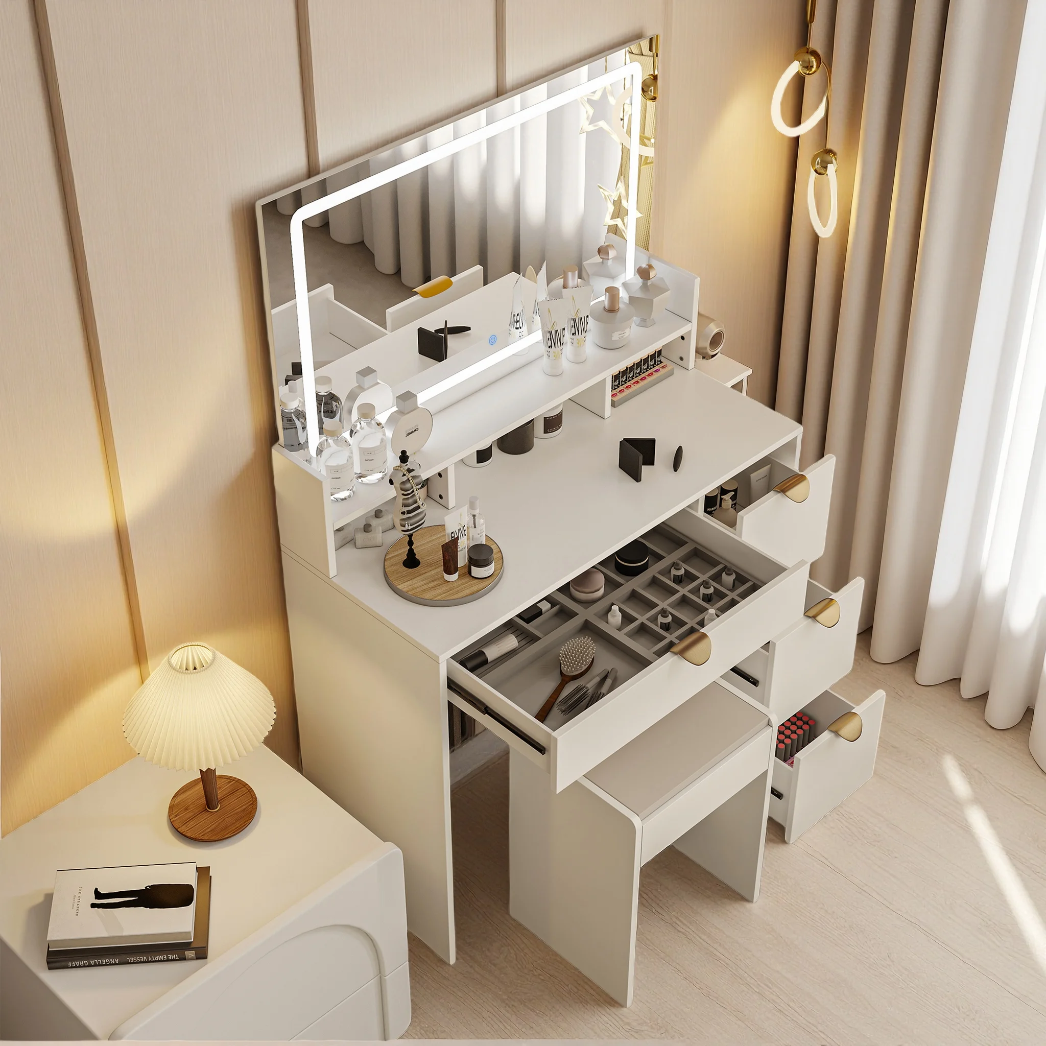 Comanlai Schminktisch, Schlafzimmer-Kosmetiktisch mit LED-Spiegel und Schubladen, Großer Frisiertisch für Schlafzimmer und Ankleidezimmer Image