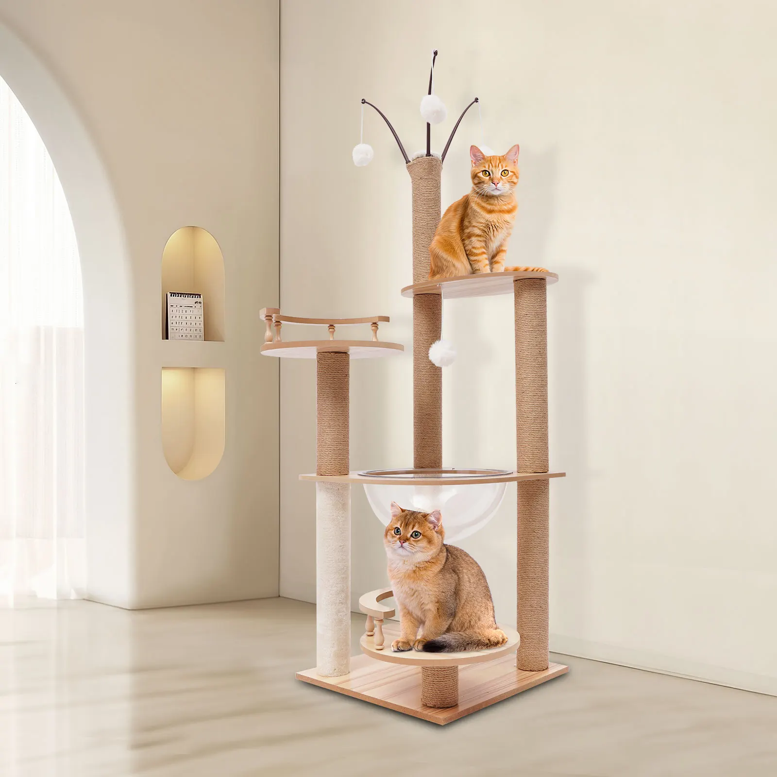 Katzenbaum mit 3 Plattformen, 4 Kratzstämmen, 4 Hängenden Bällen, Maximale Belastung 8 kg, Stabiles Modernes Design für Wohnzimmer Image