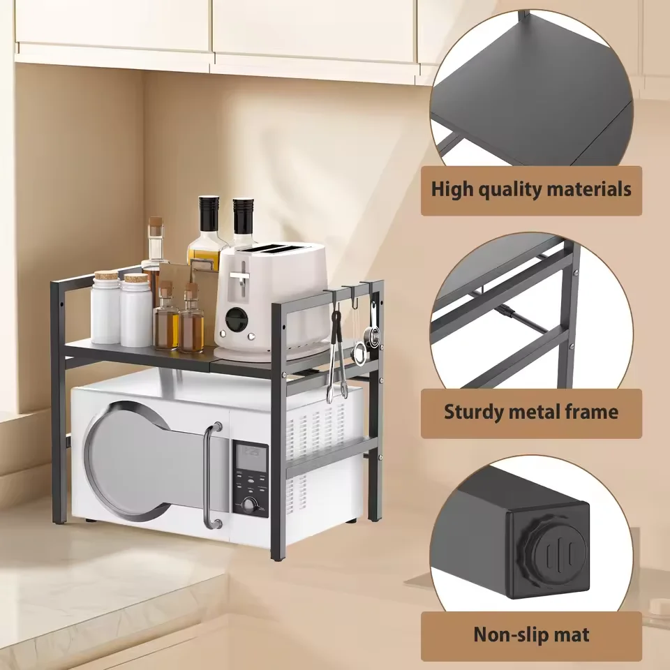Ausziehbares 40-60cm Mikrowellenregal, Erweiterbares Mikrowellenregal mit 6 Haken, Küchen-Aufbewahrungsregal, Mikrowellen-Backregal Image