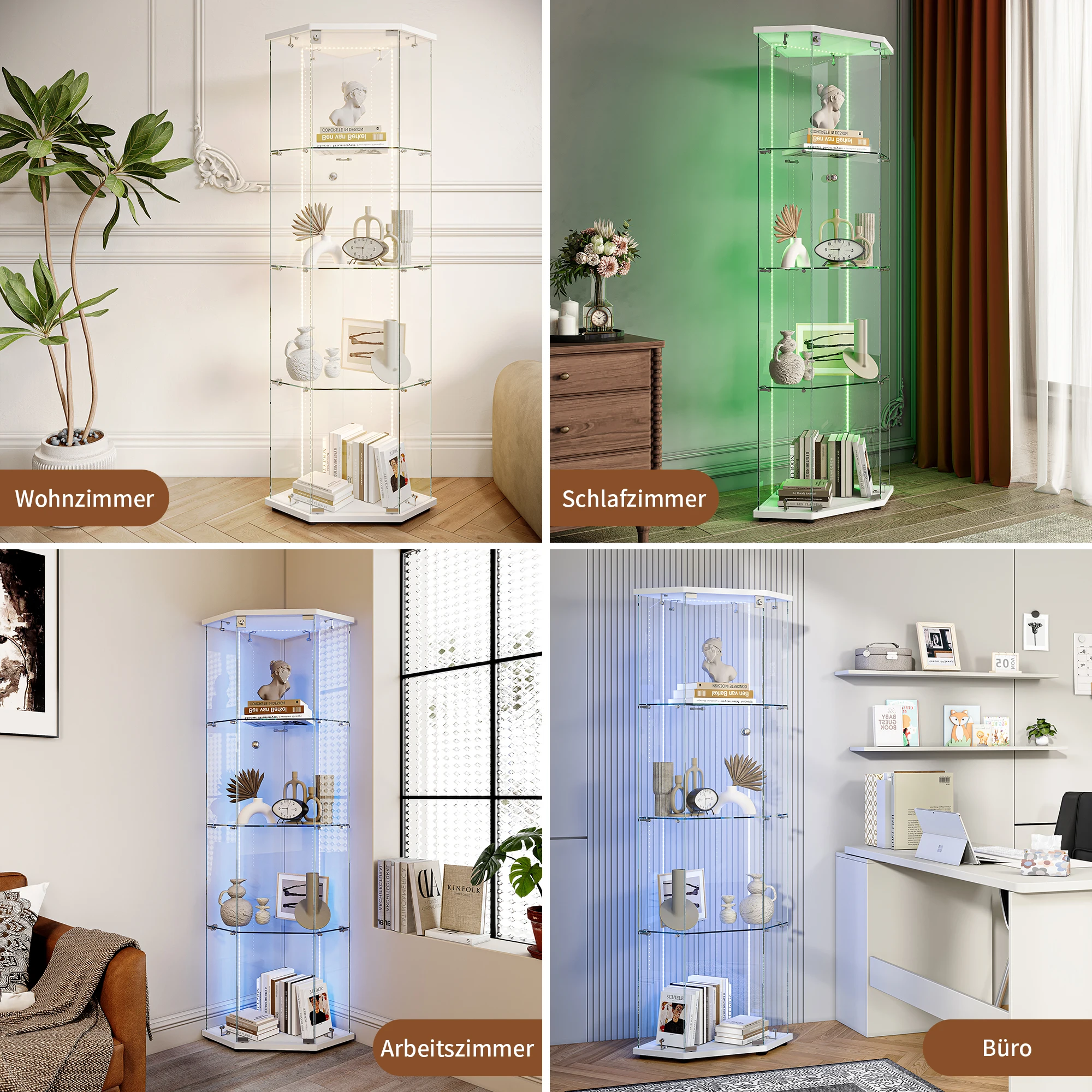 Anajqaqia Einzel-Türschrank mit 4 Regalen, Fünfeckiger Schrank, Moderner Glas-Vitrinenschrank mit Lichtleiste für Sammlerstücke, Bücher