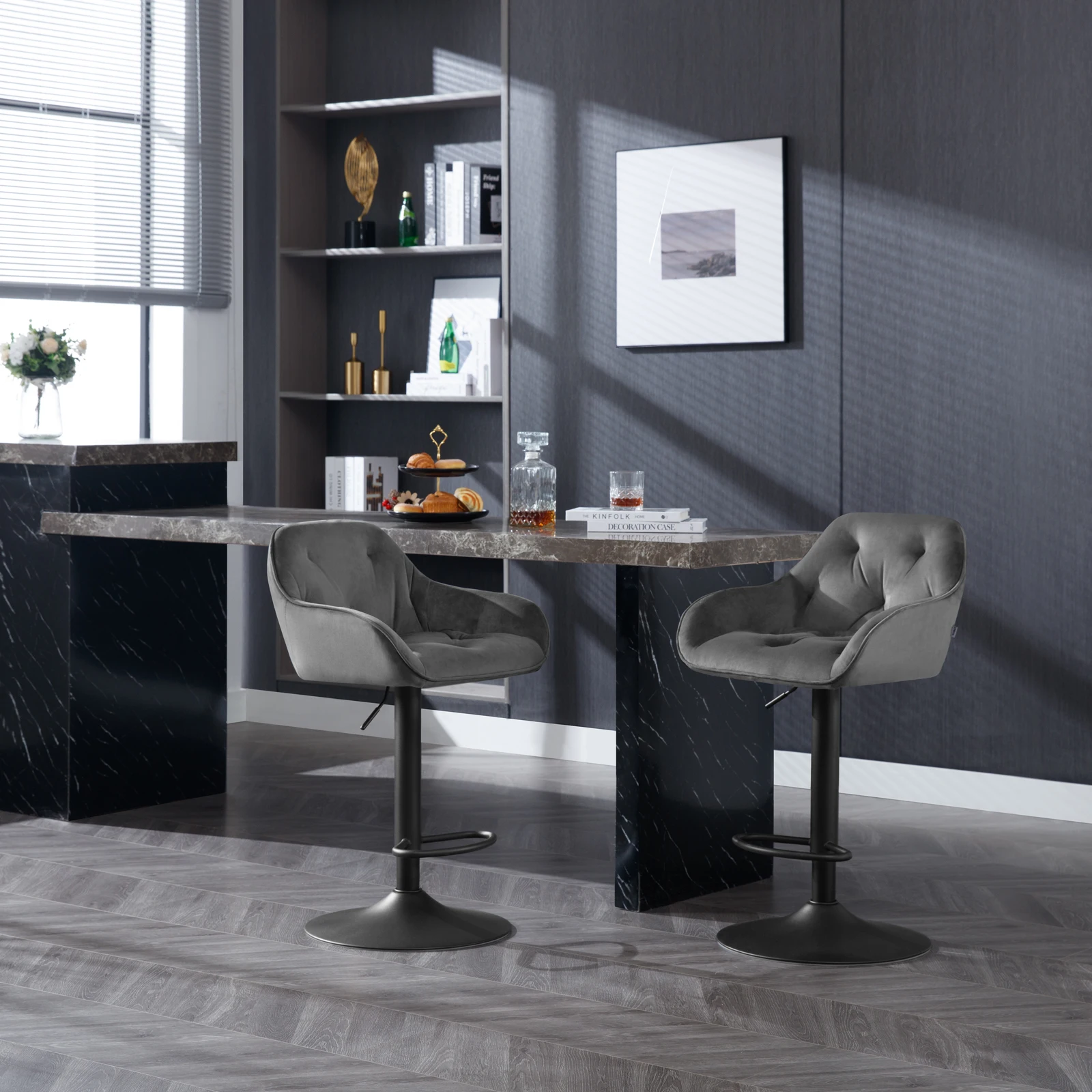 WOLTU 2 Stück/Set Samt-Barhocker, höhenverstellbare Barstühle mit Fußstütze, Thekenhocker für Pub, Bistro, Kücheninsel Image
