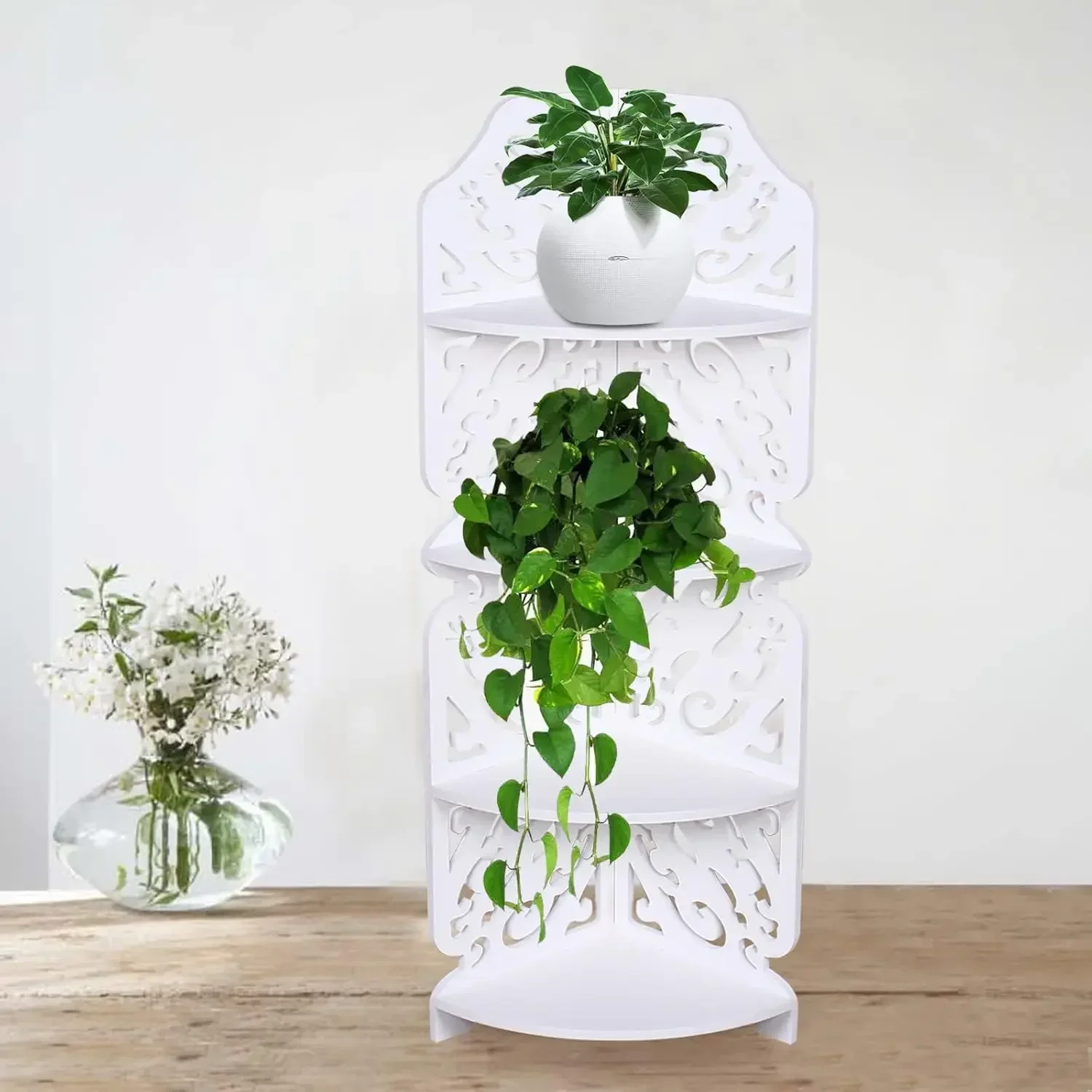 BYMAOCAR 4-stufiges hängendes Eckregal, weißes Standregal für Küche, Schlafzimmer, Wohnzimmer, Büro Image