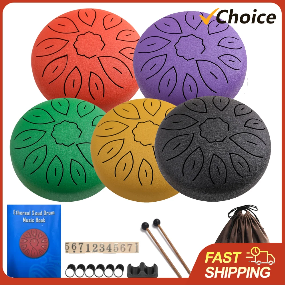 6-Zoll-Stahlzungentrommel mit 11 Tönen, Handpan-Trommel in C-Dur, Trommelschlägel, Fingerpicks, Percussion-Musikinstrumente für Meditation und Yoga Image