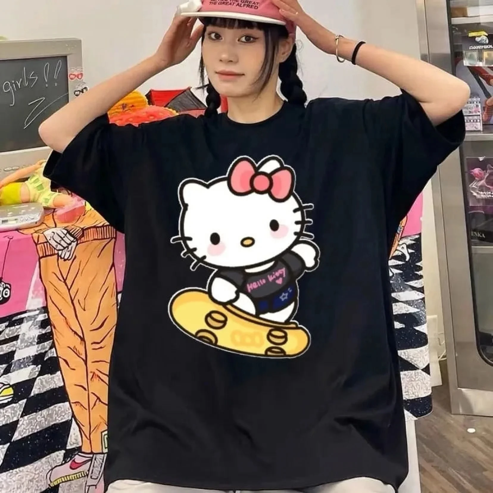 2026 Sommer Hello Kitty Oversized T-Shirt Hochwertig 100% Baumwolle Skateboard-Print Unisex Retro Casual Y2K für Erwachsene und Kinder