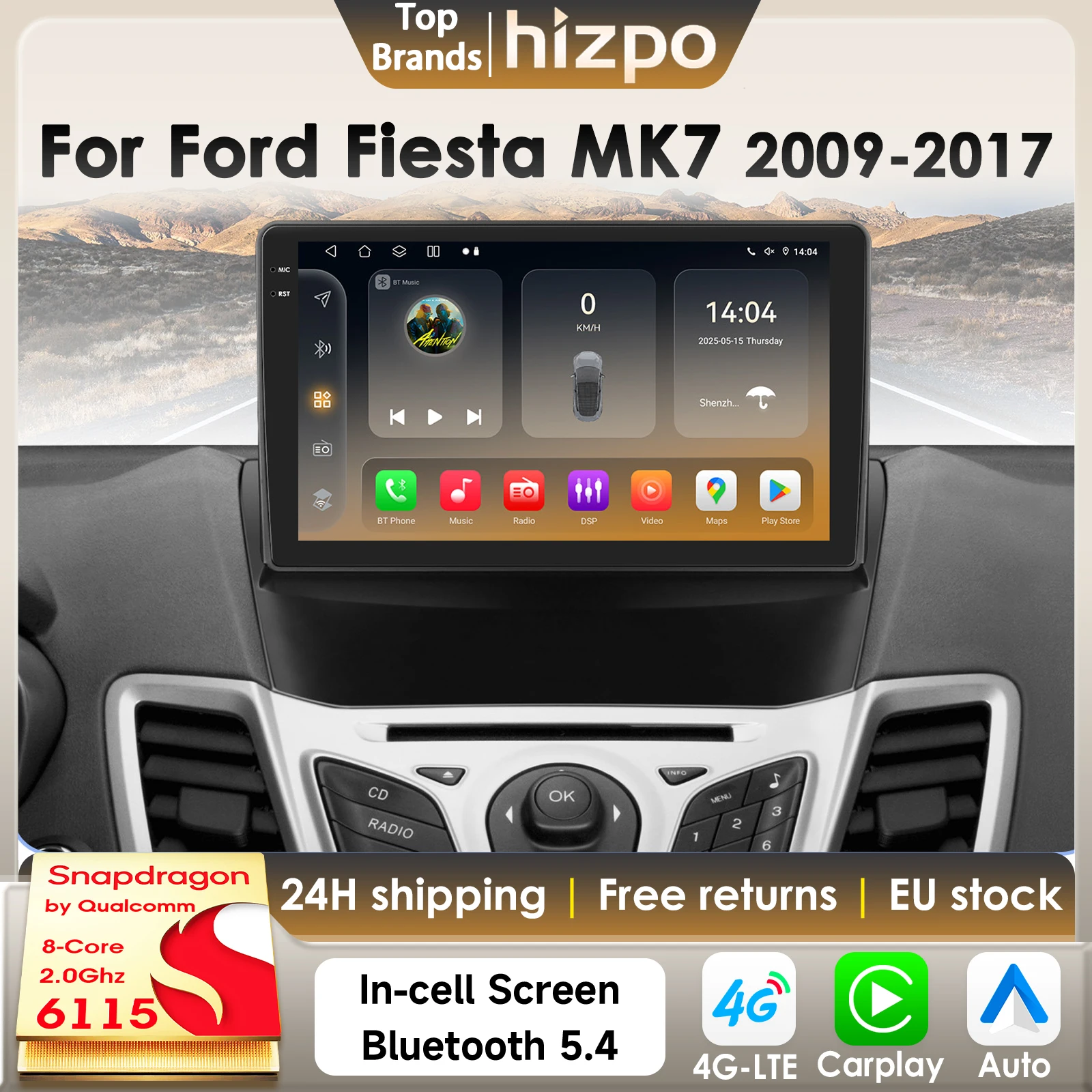 Hizpo Smart Car Radio Autoradio For Ford Fiesta MK7 2009-2017 Car Multimedia GPS 4G Carplay 360Camera By Qualcomm Snapdragon6115 Image