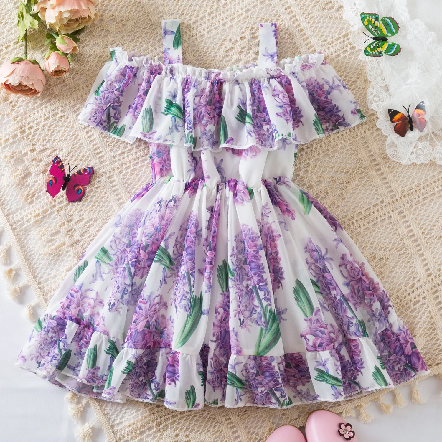 Sommerkleid Mädchenkleidung Mode Neckholder Chiffon Blumen Prinzessin Kleid Kinder Kleider Baby Einteiler Urlaub Alltagskleid Image