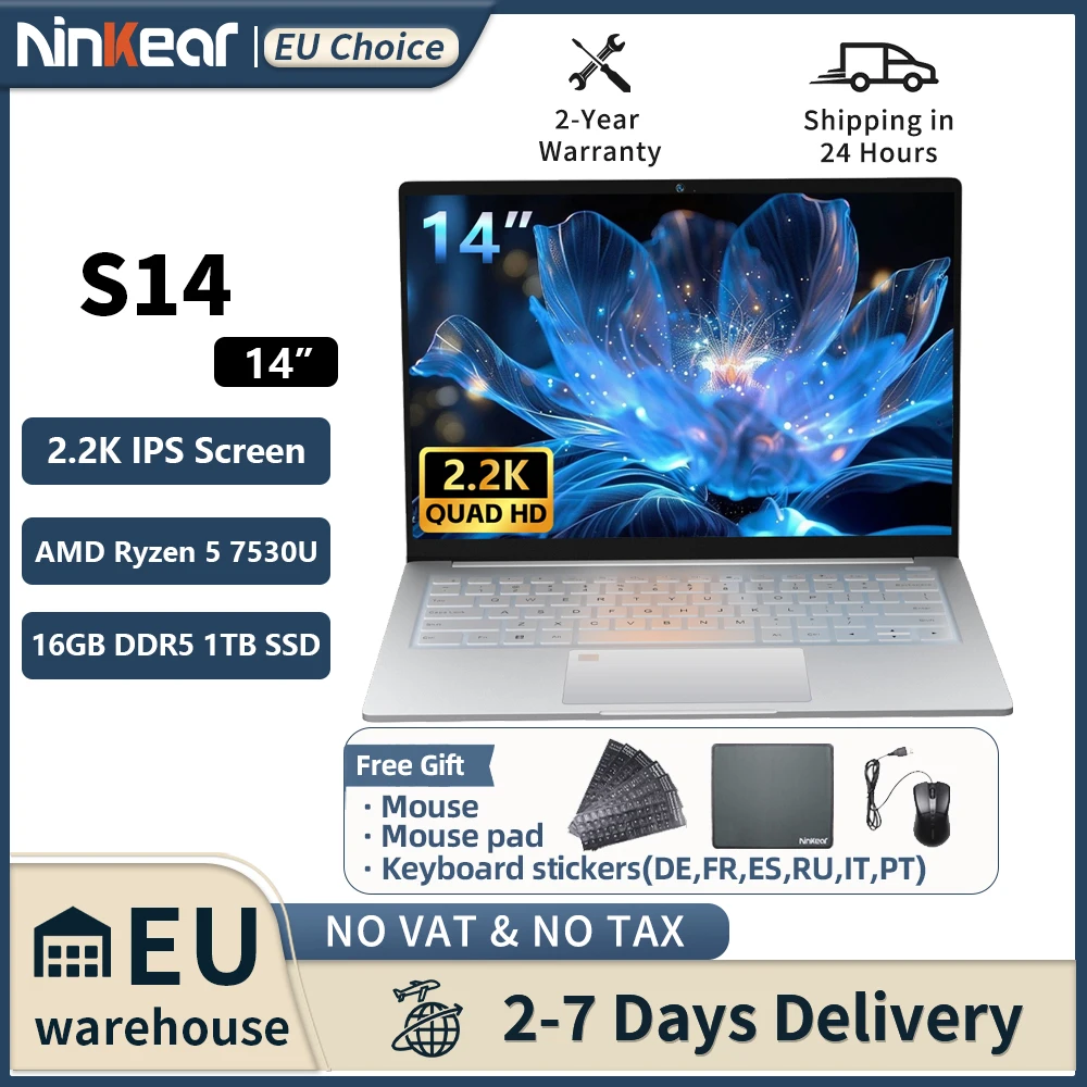 Ninkear S14 Laptop-Tablet mit AMD Ryzen ™ 5 7530U 14 Zoll 16GB LPDDR5 1TB SSD Computer Notebook WLAN 6 Unterstützt Fingerabdruckerkennung Image