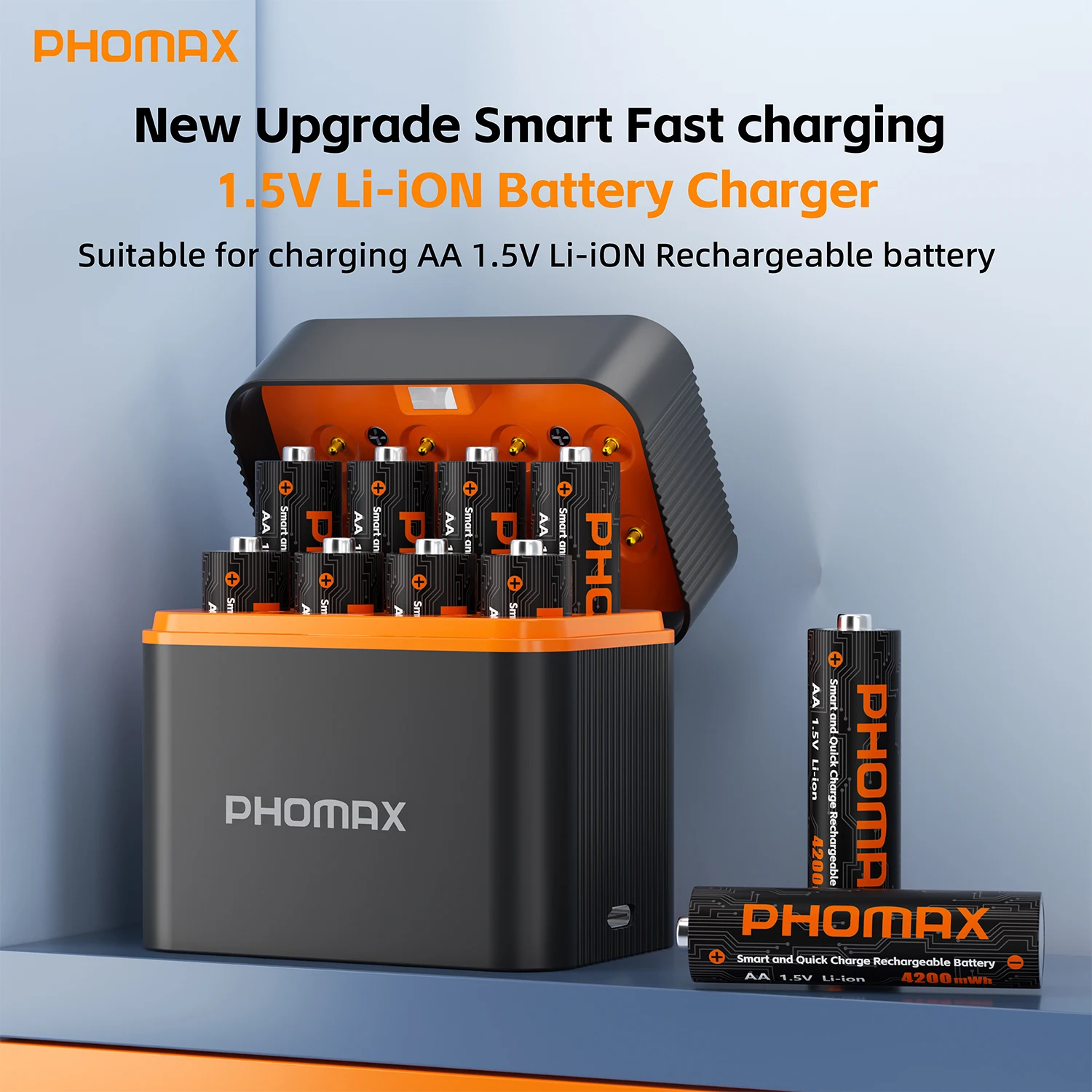 PHOMAX AA wiederaufladbares Akku-Ladegerät-Set für 8 Stück 1,5 V Lithium-Batterien mit Schnellladekabel, wiederverwendbares Akku-Ladegerät Image