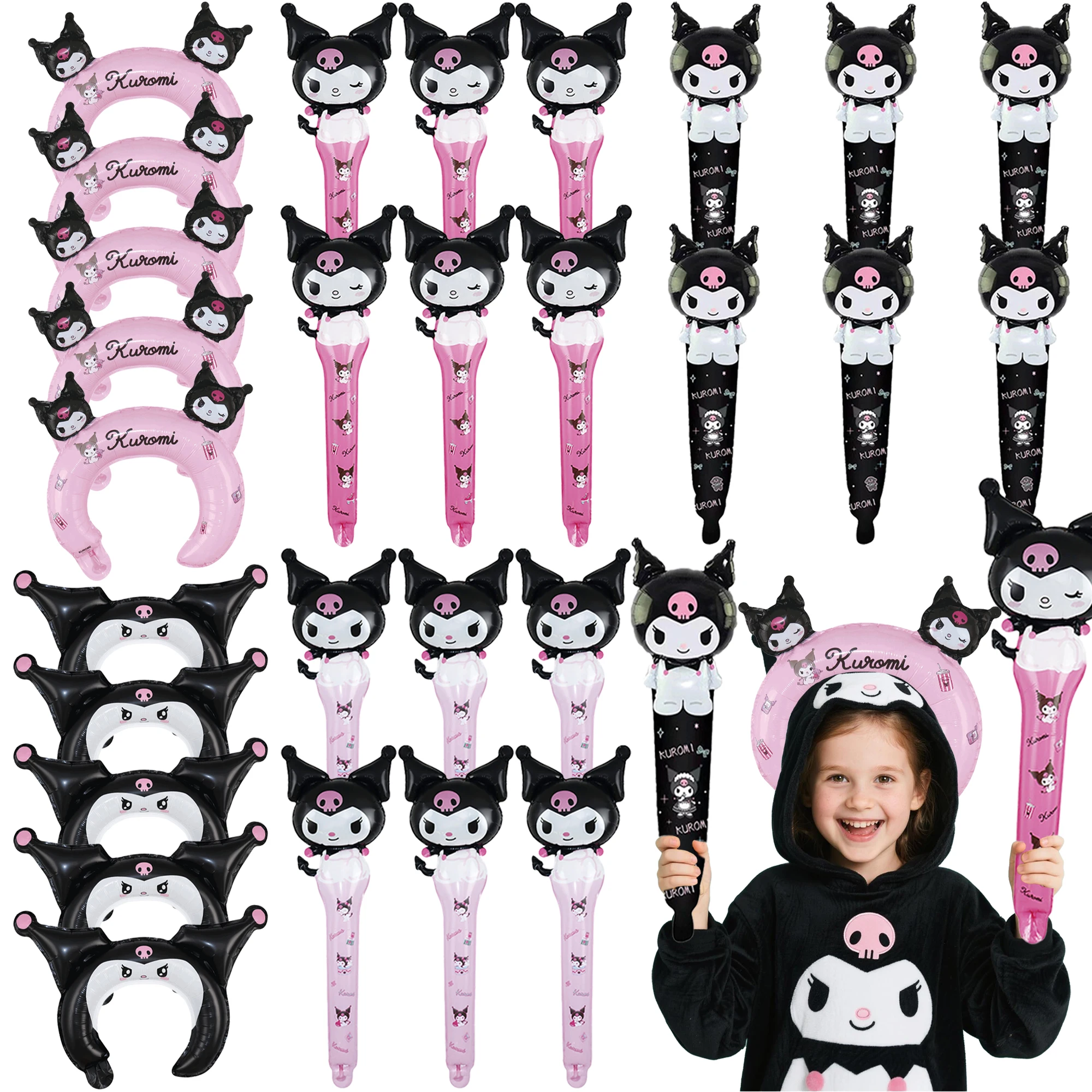 28-teiliges Kuromi Geburtstagsparty Folienballon-Set - Kuromi Ballonstäbe & Kuromi Ballon-Kopfreifen für Kuromi Partydekoration