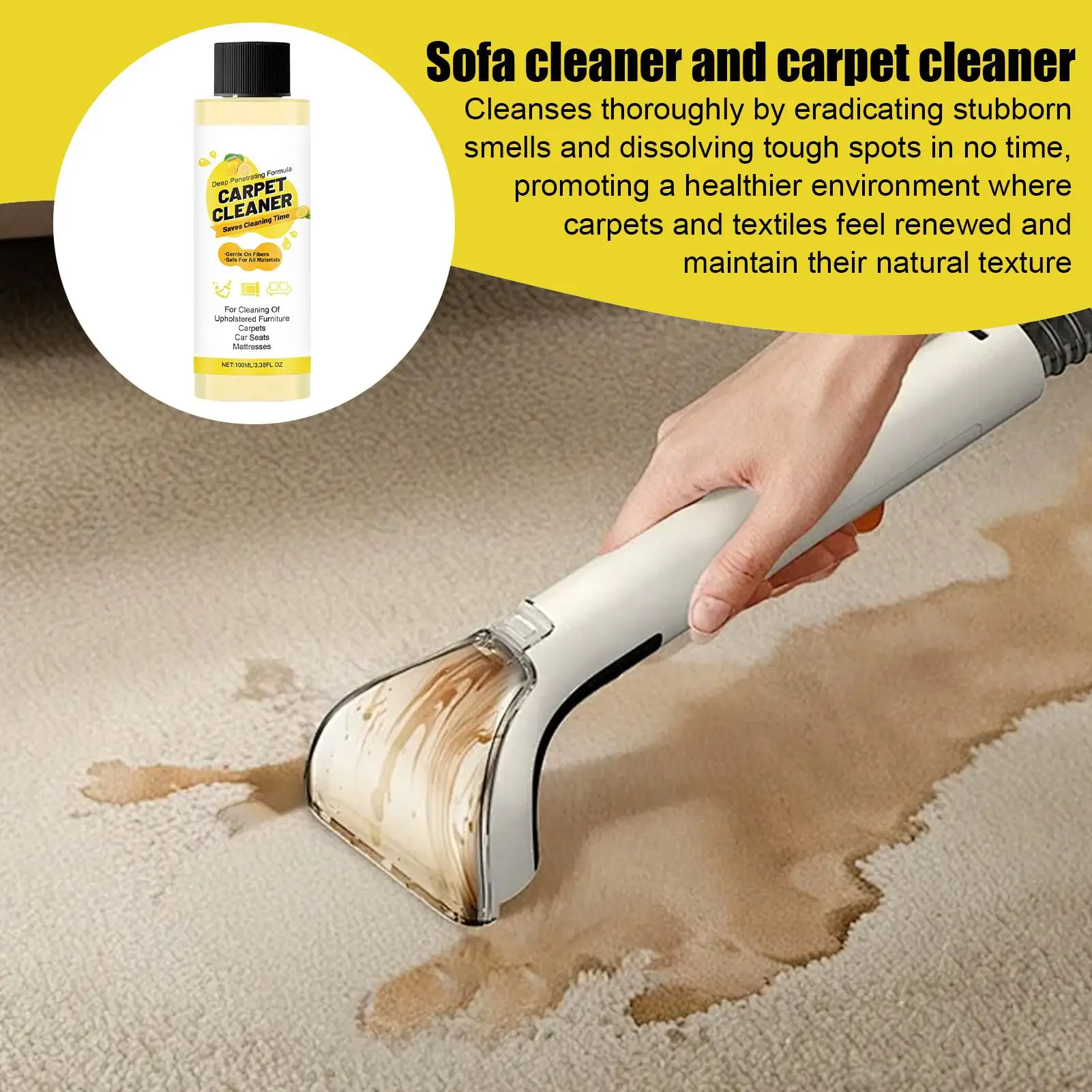 Teppichreinigungslösung, 100 ml, Teppichreiniger, Seife, leistungsstarker Fleckenentferner, tragbar, professionell, für Zuhause, Outdoor, Matratzen, Auto Image