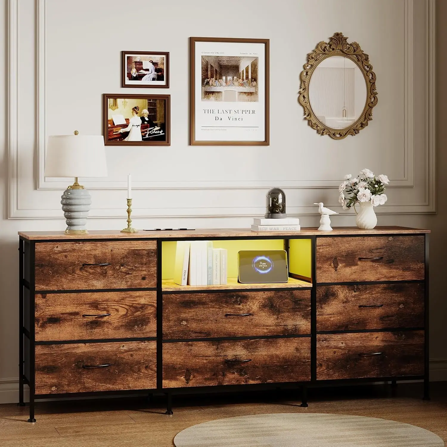 Moderner LED-TV-Ständer aus Eisen & Holz, Entertainment-Center, Medien-Aufbewahrungsschrank, Konsolentisch mit Stoffschubladen für das Wohnzimmer