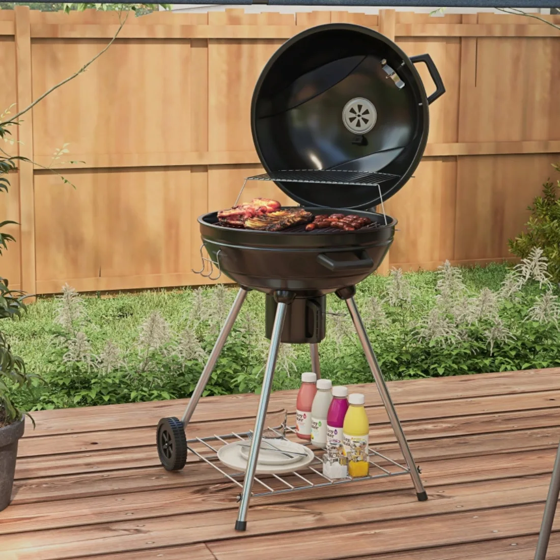Tragbarer Holzkohlegrill mit Thermometer – Outdoor-Grill mit Rädern, Seitenablage und Ascheauffangbehälter Image