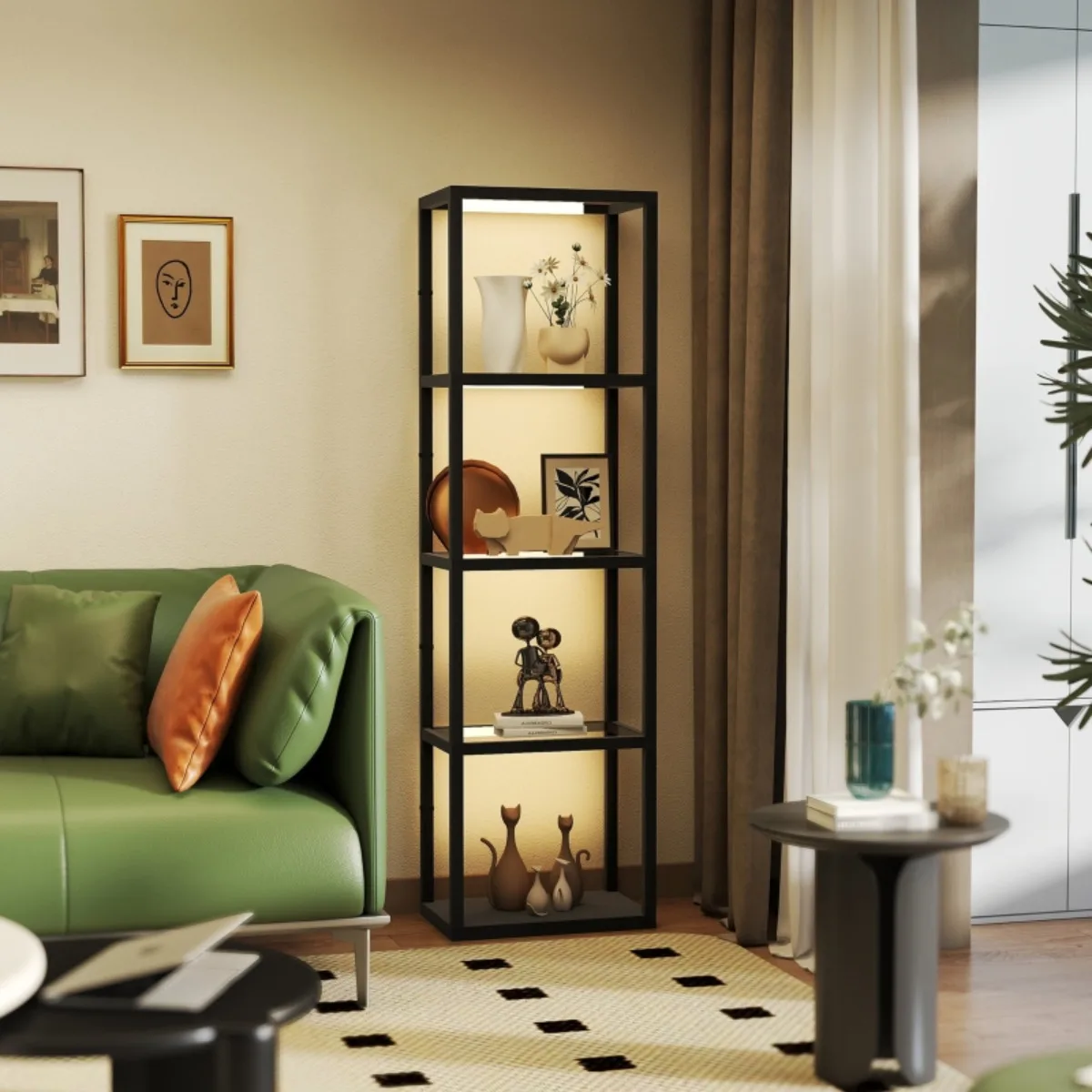 Schwarze LED-Stehlampe (4-stufiges Glasregal, Fußschalter, MDF-Rahmen) Image