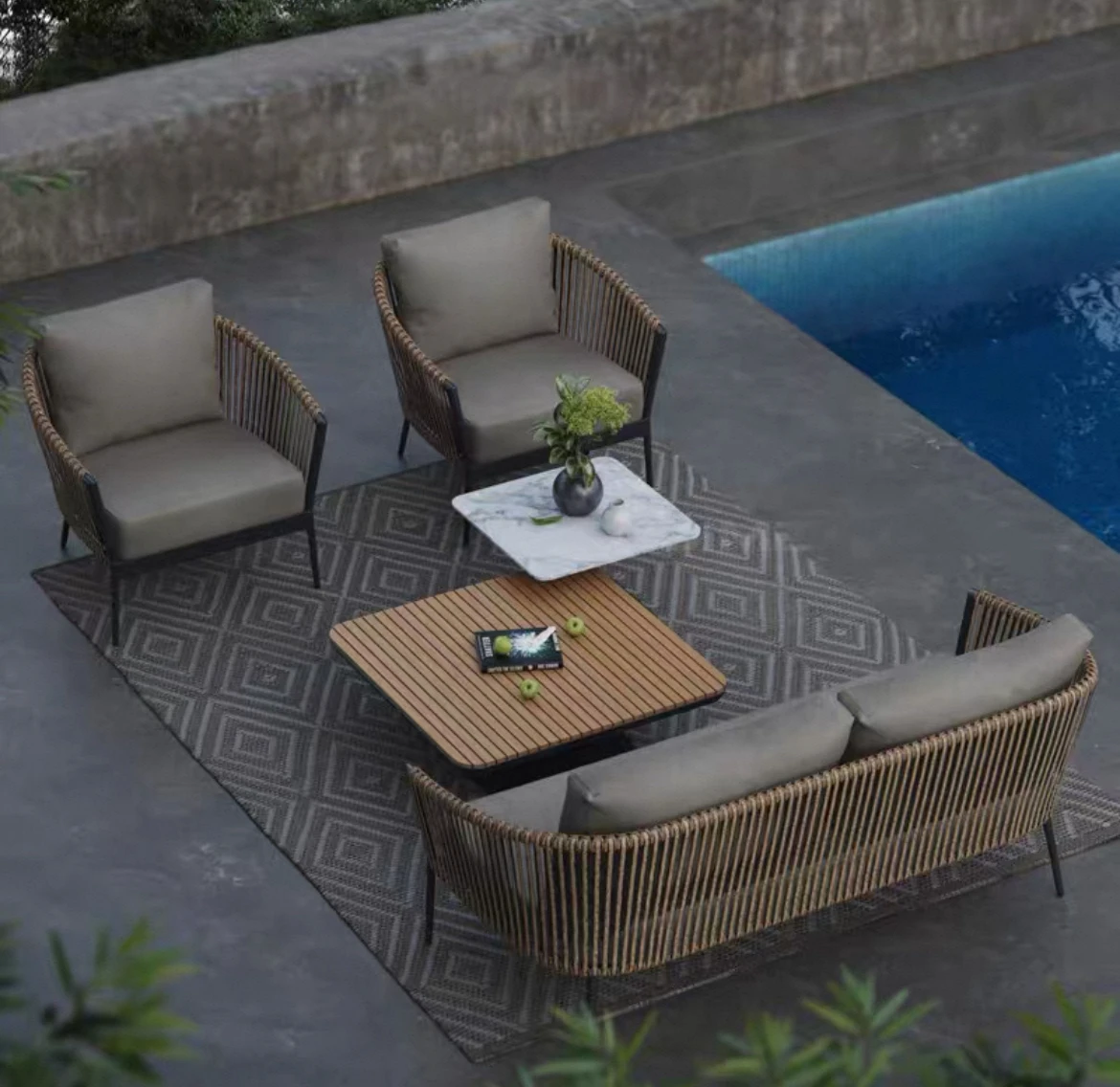 Outdoor-Rattansofa Hofgarten-Kombination Villa Balkon Freiluft-Hotel Kaffeetisch Rattanstuhl Wasserdicht