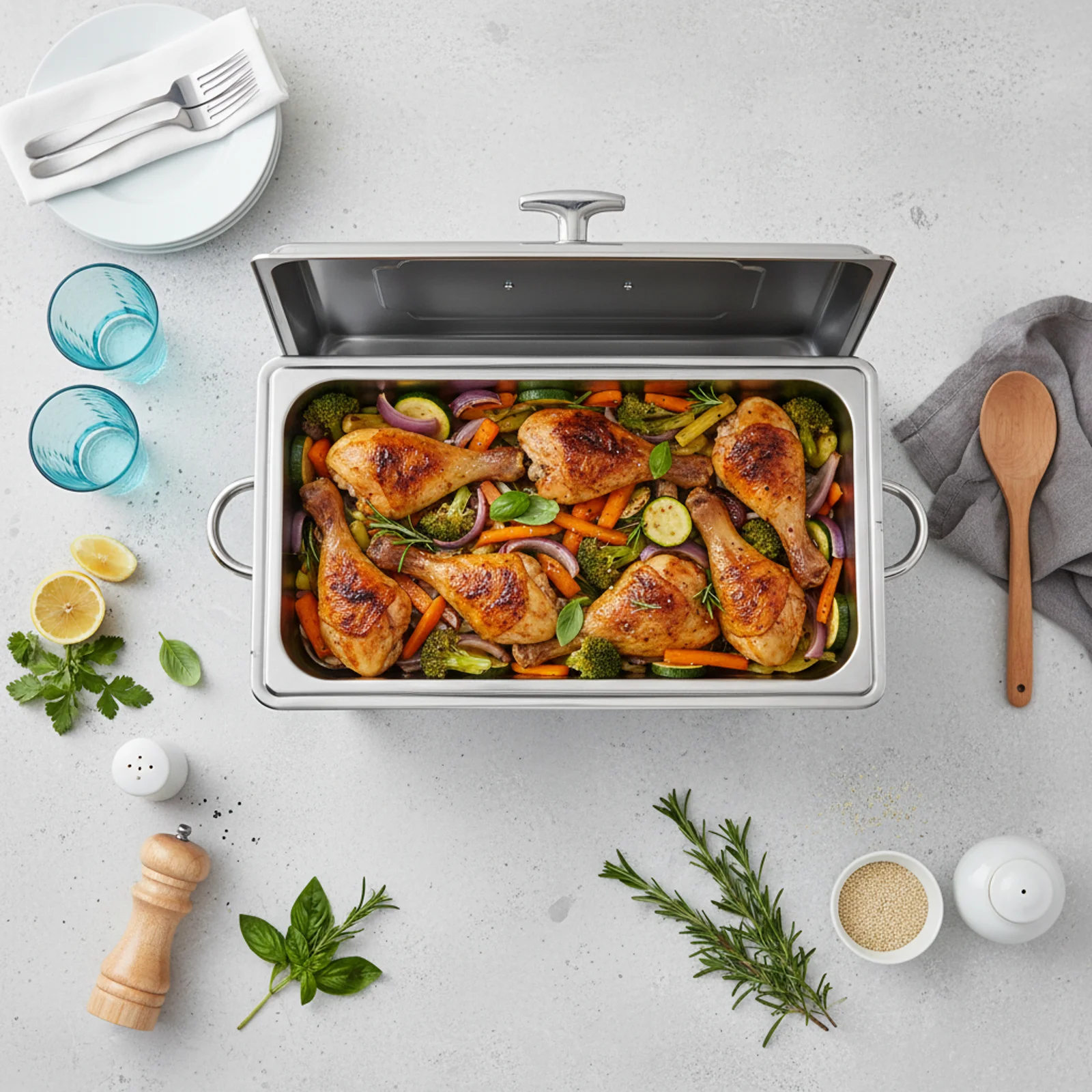 Griff-Chafing Dish 6L Edelstahl, rechteckig, freistehend, spülmaschinenfest/Mikrowellenfest für Partys Image