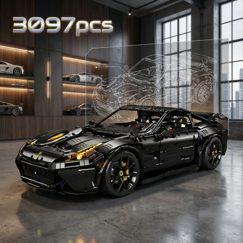 Technik Auto Luxusauto Bausteine Set, MOC Speed Schwarzer Supersportwagen Modellbausatz DIY Spielzeug Geschenk für Jungen und Erwachsene 3097 Teile Image