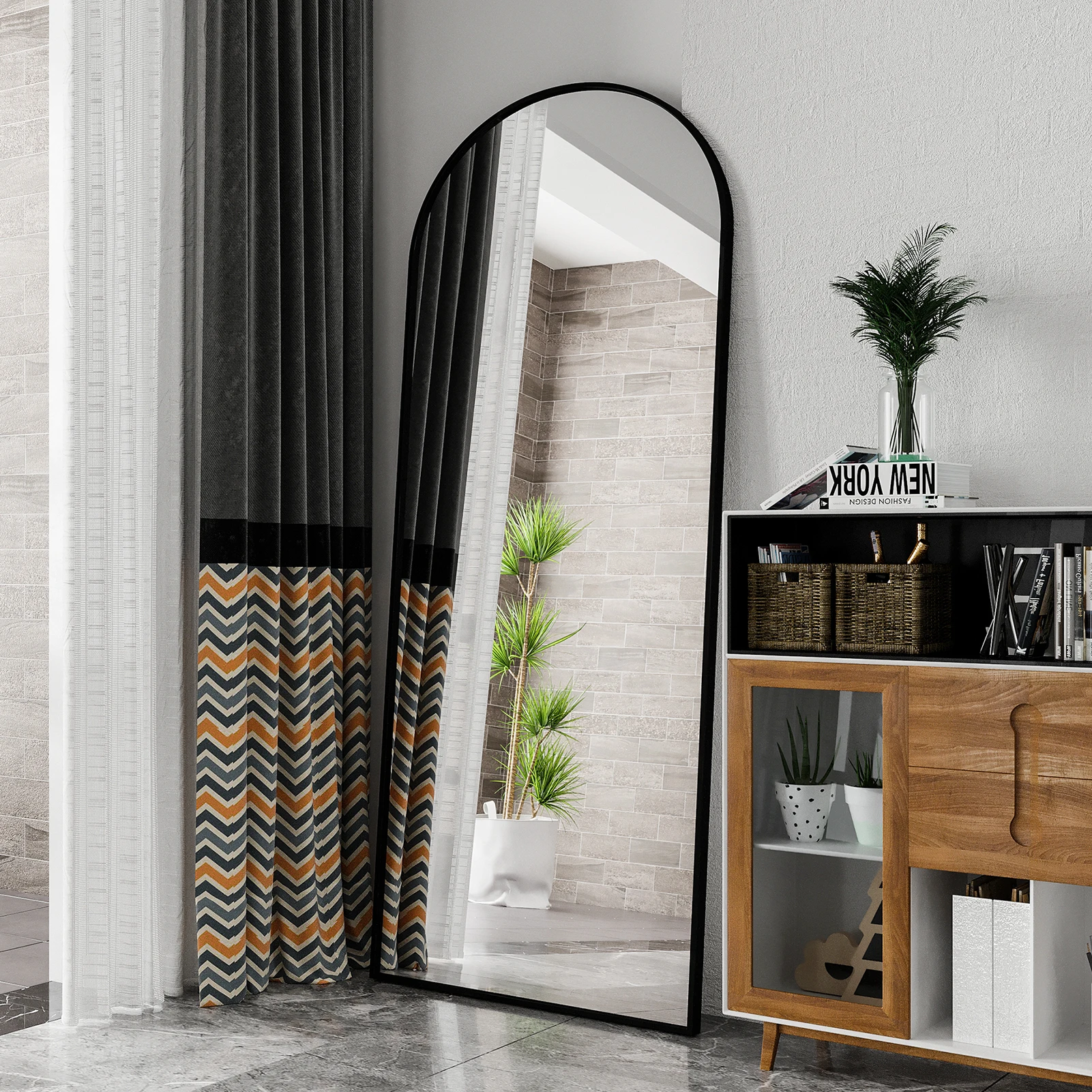 Comanlai 180 x 80 cm gebogener Standspiegel, Ganzkörperspiegel, Bodenspiegel mit gehärtetem Glas und Rahmen aus Aluminiumlegierung, Schwarz