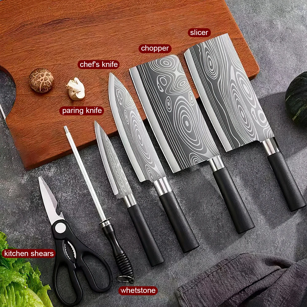 Küchenmesser-Set, Damaskus, lasergemusterte Schneidemesser, Fleischbeil, Kochmesser aus Edelstahl, Mehrzweck-Zerkleinerermesser Image