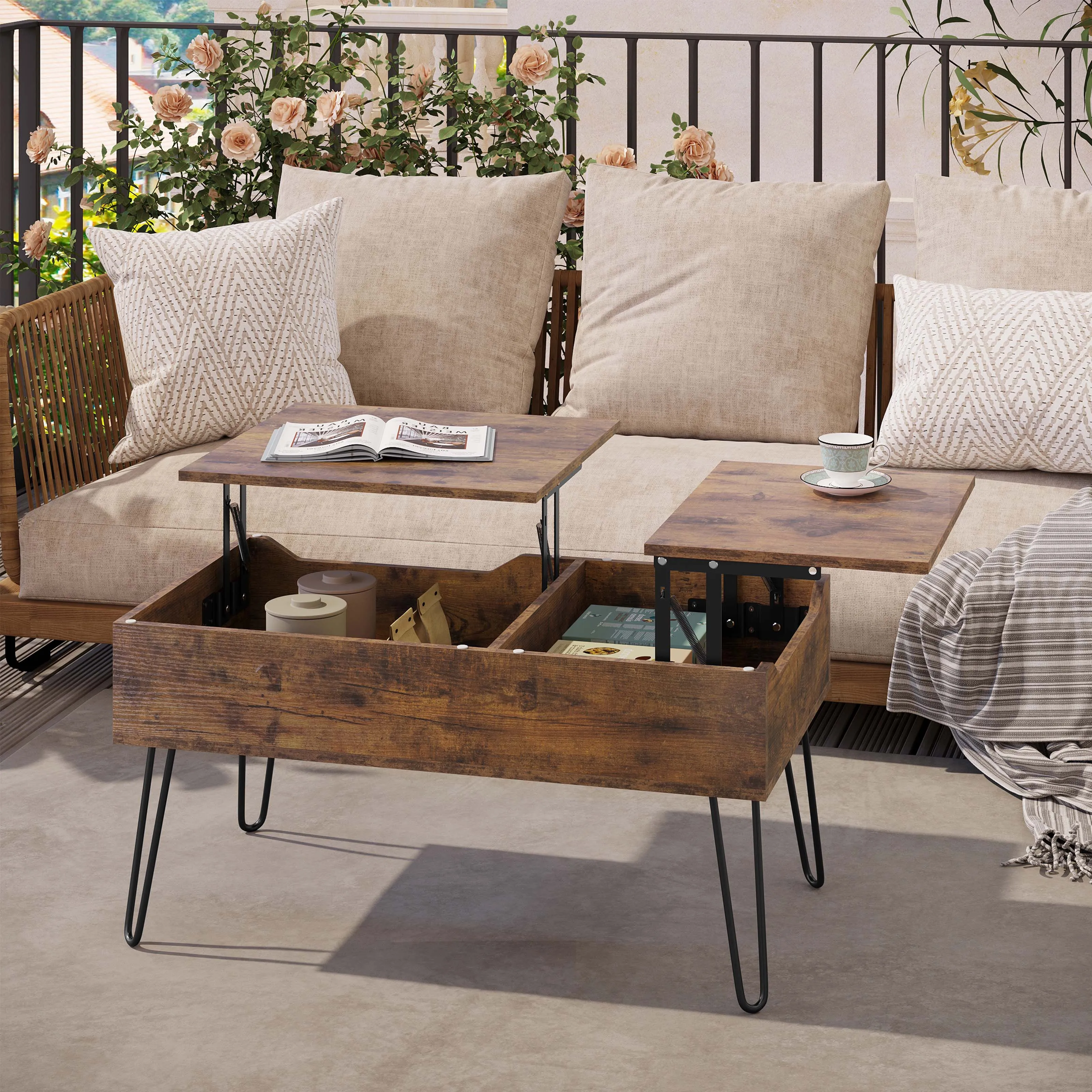 WOLTU Couchtisch mit doppelter Hebeplatte, Sofatisch, höhenverstellbarer, ausziehbarer Wohnzimmertisch, separate, versteckte Aufbewahrung