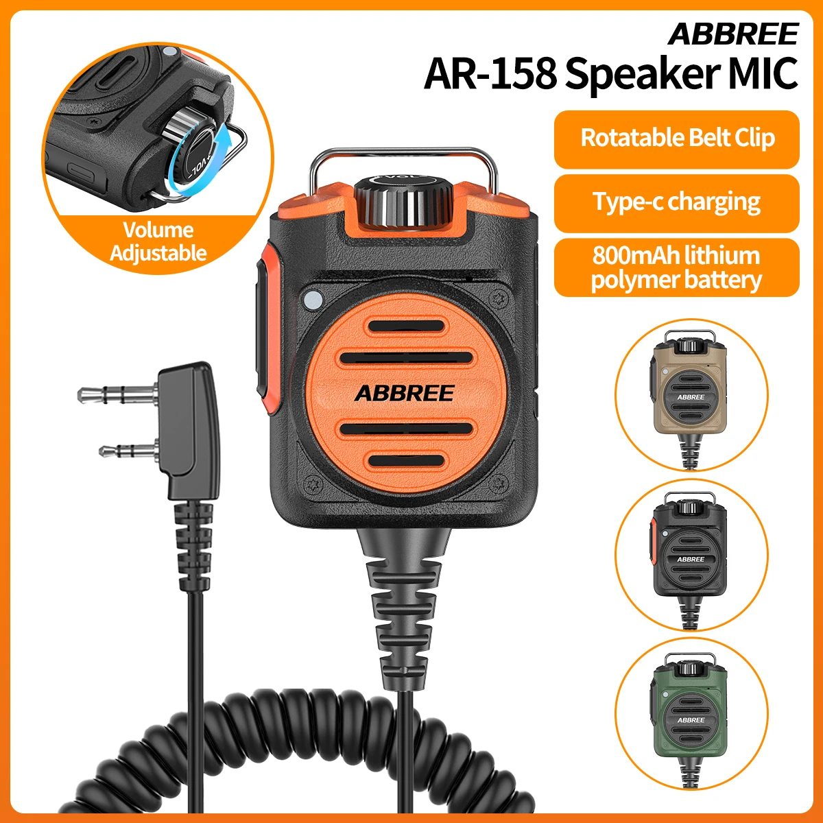 ABBREE AR-158 Walkie-Talkie-Lautsprechermikrofon, einstellbare Lautstärke, 2-polig, wiederaufladbar, für Baofeng UV-5R Mini für Quansheng UV-K1 (8) K5 Image