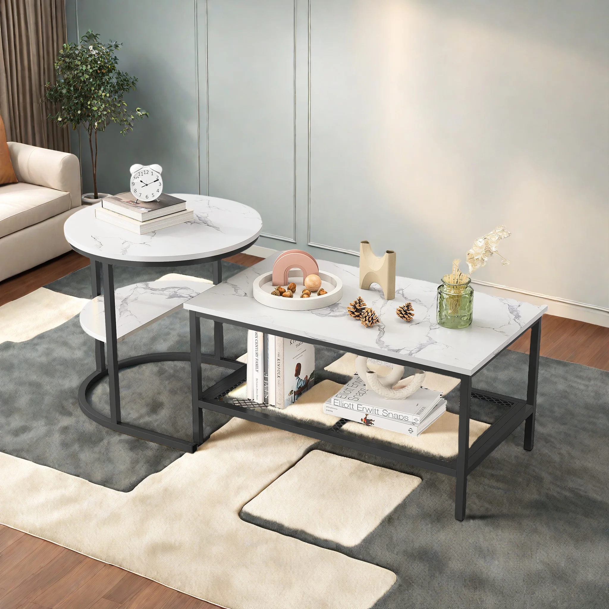 Comanlia 2-in-1 Couchtisch, Moderner Beistelltisch, Marmoroptik mit Metallrahmen und Ablage Image