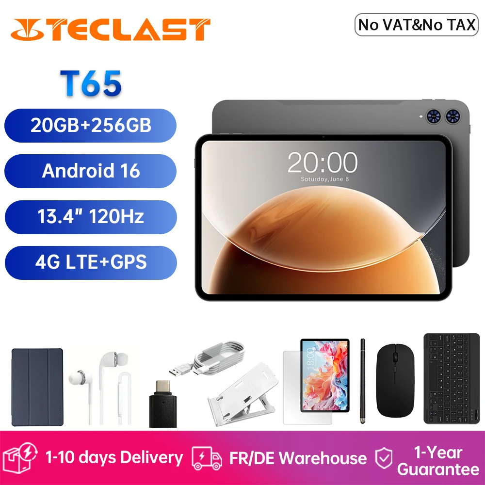 Teclast T65 Tablet 13,4 Zoll Android 16 1920x1200 120Hz Display T7280 8-Kern 26GB RAM (6GB+20GB) 256GB ROM 4G LTE GPS 8000mAh Type-C Image