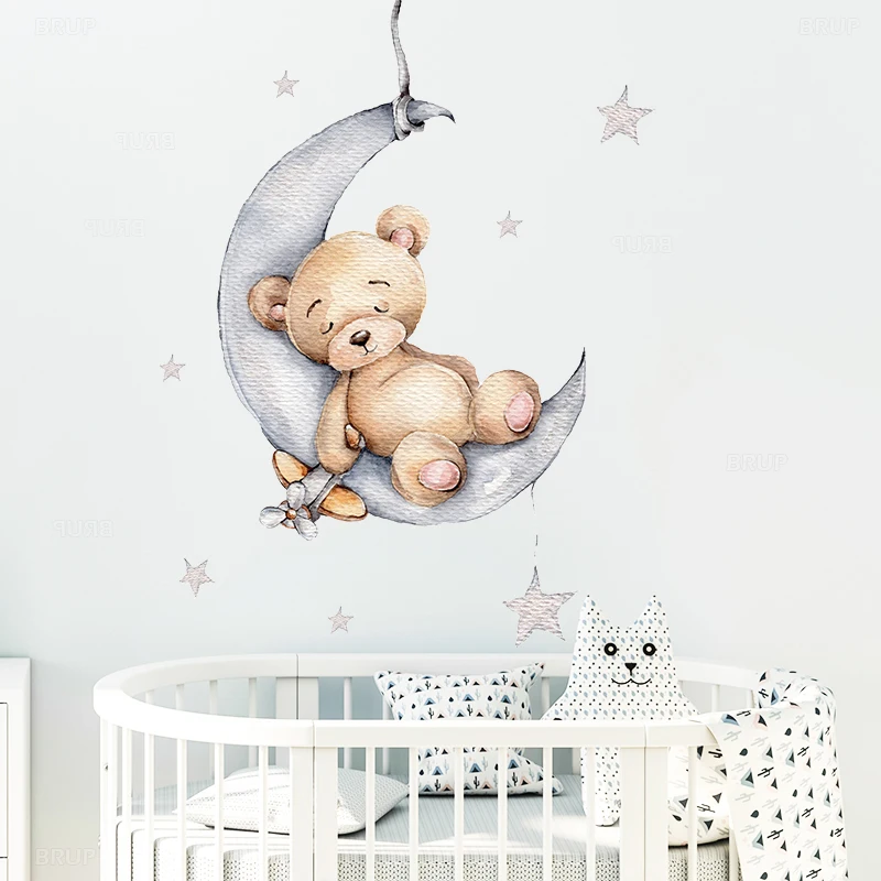 Cartoon Teddybär Schlafend auf dem Mond und Sternen Wandaufkleber für Kinderzimmer Babyzimmer Dekoration Wandtattoos Raumdekoration