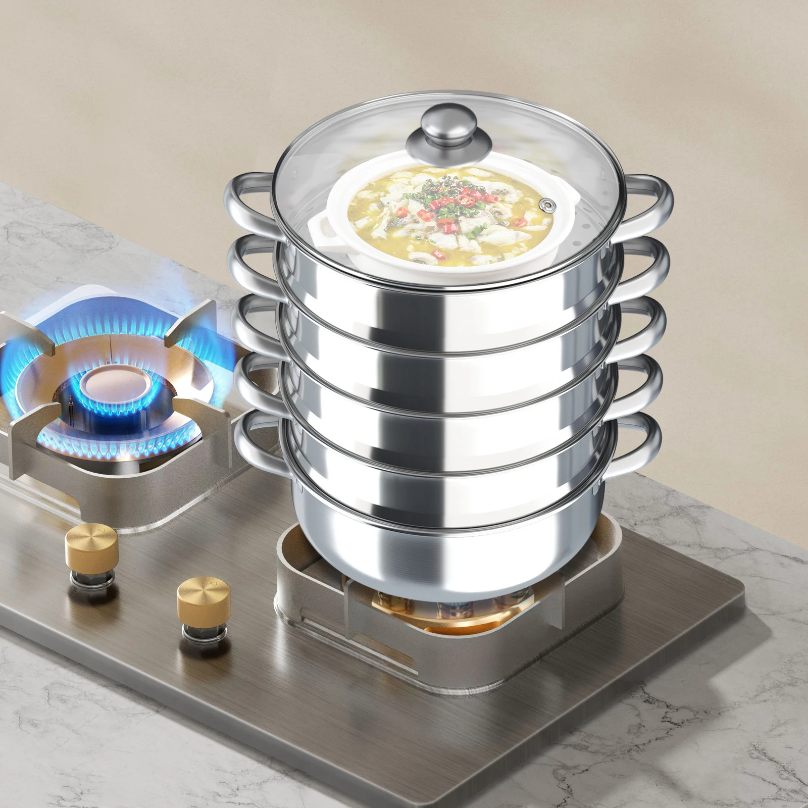 30 cm/11,81 Zoll Küchen-Dampfgarer für den Haushalt, 5-lagiger Dampfgarer, Edelstahl-Dampfgarer, Slow Cooker mit Glasabdeckung, Silber Image