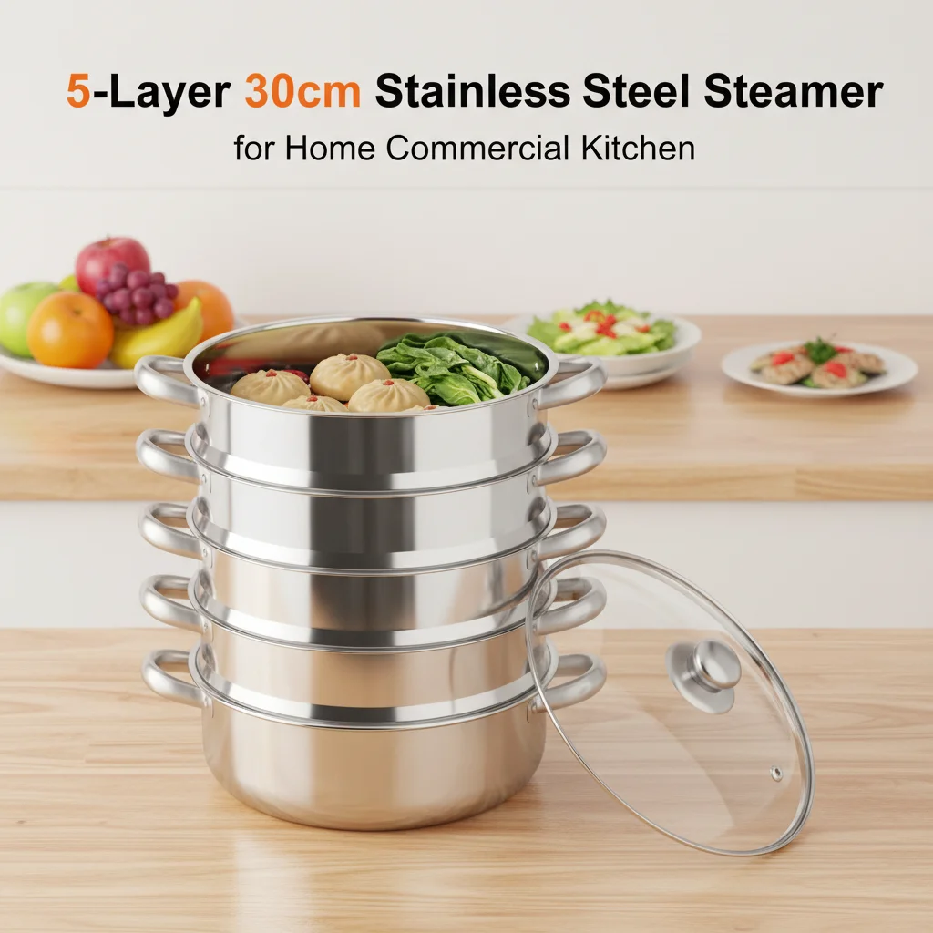 5-Schichtiger Edelstahl-Dampfgarer 30cm, Lebensmittel-Dampfgartopf mit Gleichmäßiger Erwärmung und Transparentem Deckel für Haushalt und Gewerbeküche Image