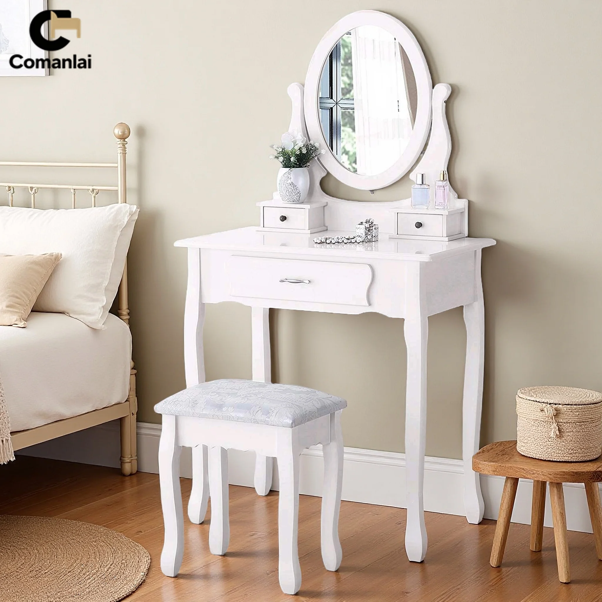 Comanlai Schminktisch mit Spiegel und Hocker, Schminktisch aus Holz mit 3 Schubladen, Kosmetiktisch für Schlafzimmer-Raumdekoration