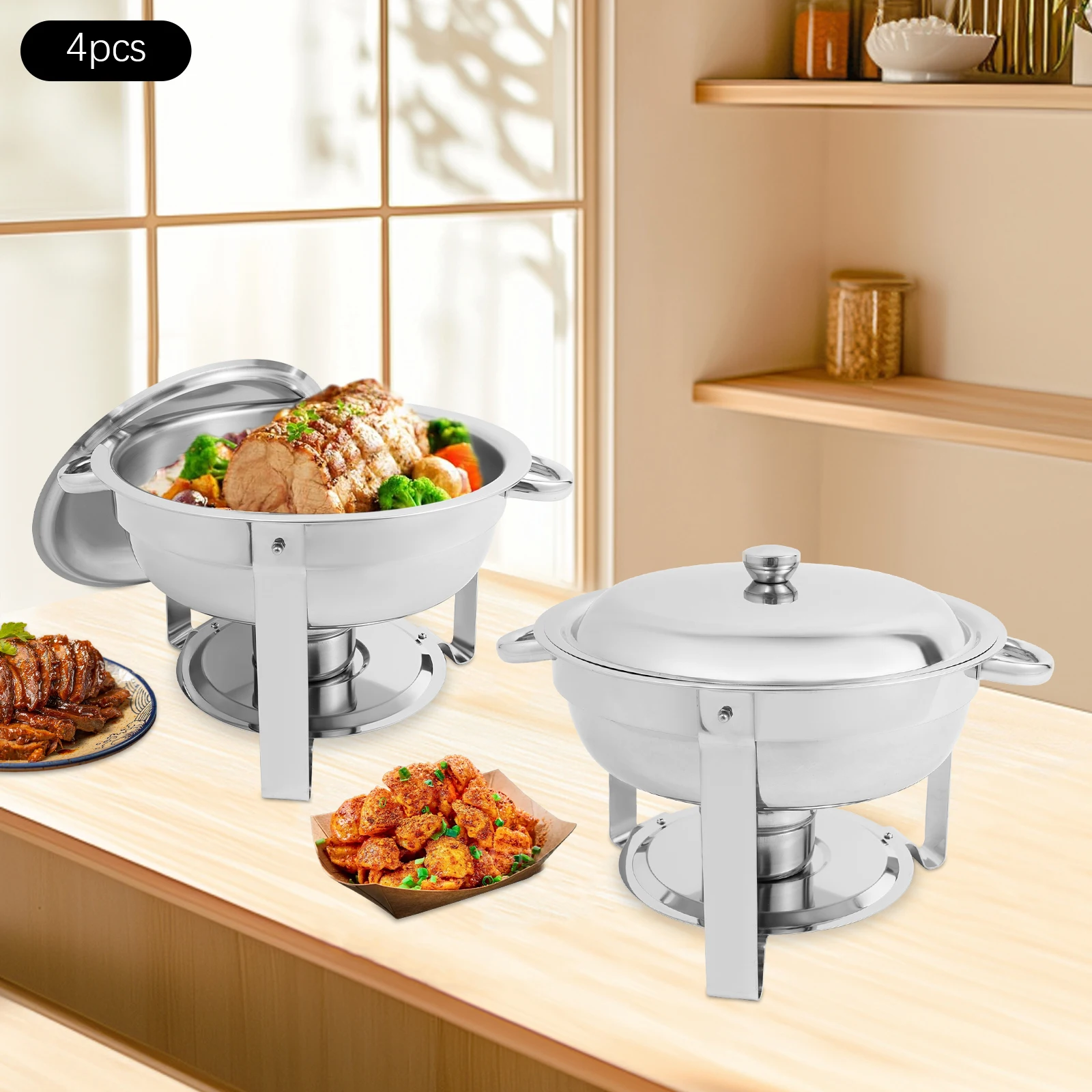 4-teiliges Chafing Dish Buffet-Set, 4,5L Chafing Dish Set, Edelstahl, rund, Catering-Wärmer für Zuhause, 41*25cm, große Pfanne, Buffet Image